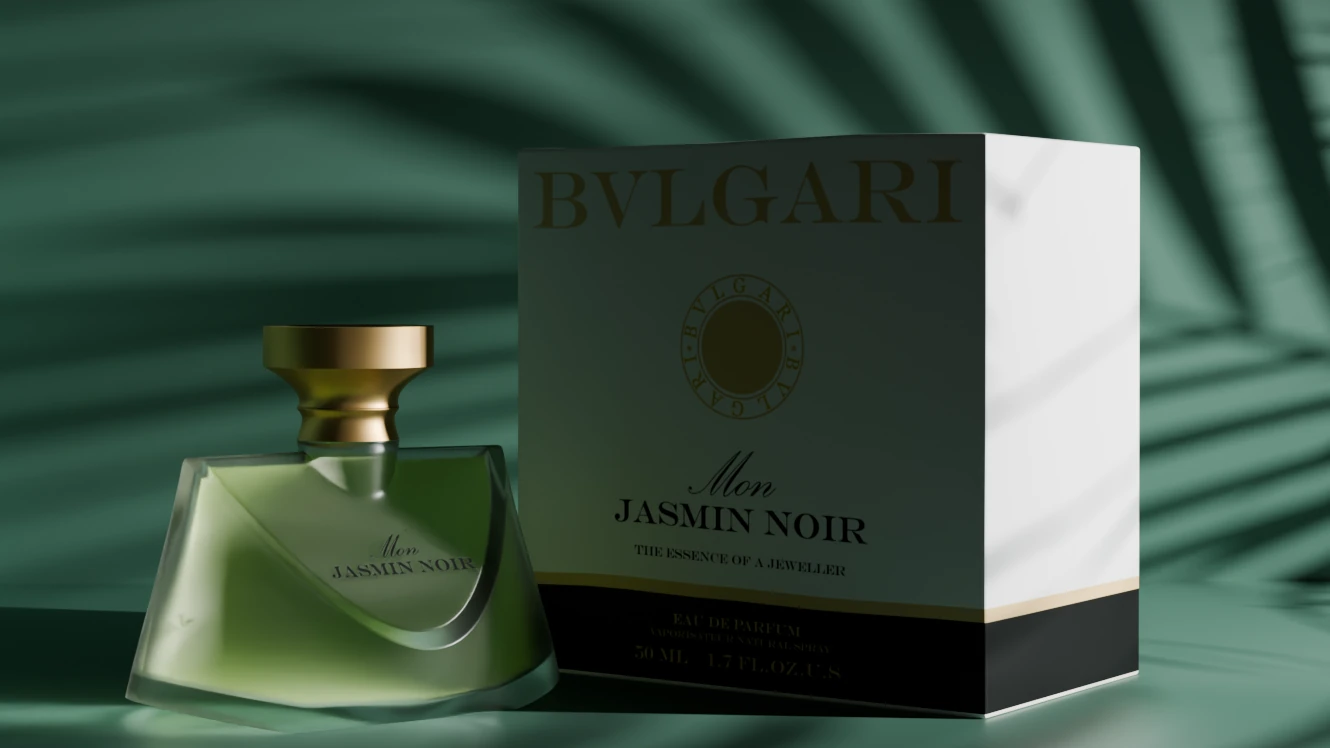 Perfume bottle and box in a green lighting study